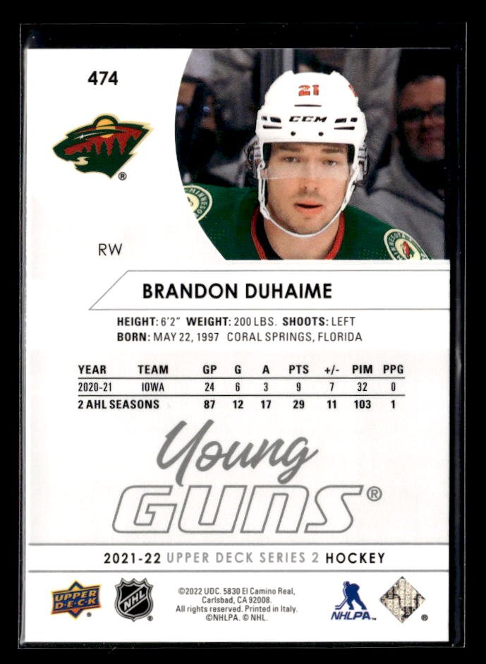 2021-22 Upper Deck Series 2 Hockey Young Guns Rookie #474 Brandon Duhaime (2)