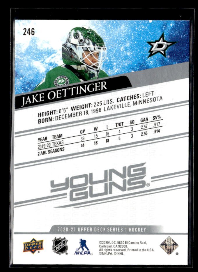 2020-21 Upper Deck Series 1 Hockey Young Guns Rookie #246 Jake Oettinger (2)