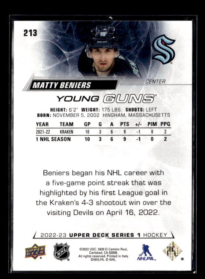 2022-23 Upper Deck Series 1 Hockey Young Guns Rookie #213 Matty Beniers (2)