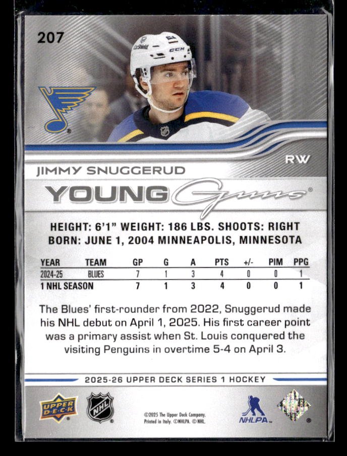 2025-26 Upper Deck Series 1 Hockey Young Guns Rookie #207 Jimmy Snuggerud (2)
