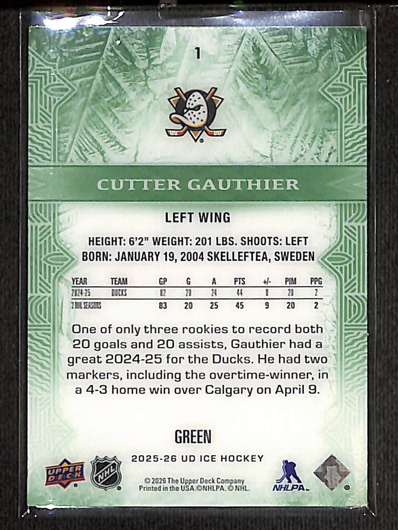 2025-26 Upper Deck Ice Hockey Green Rookie #1 Cutter Gauthier /99 (2)