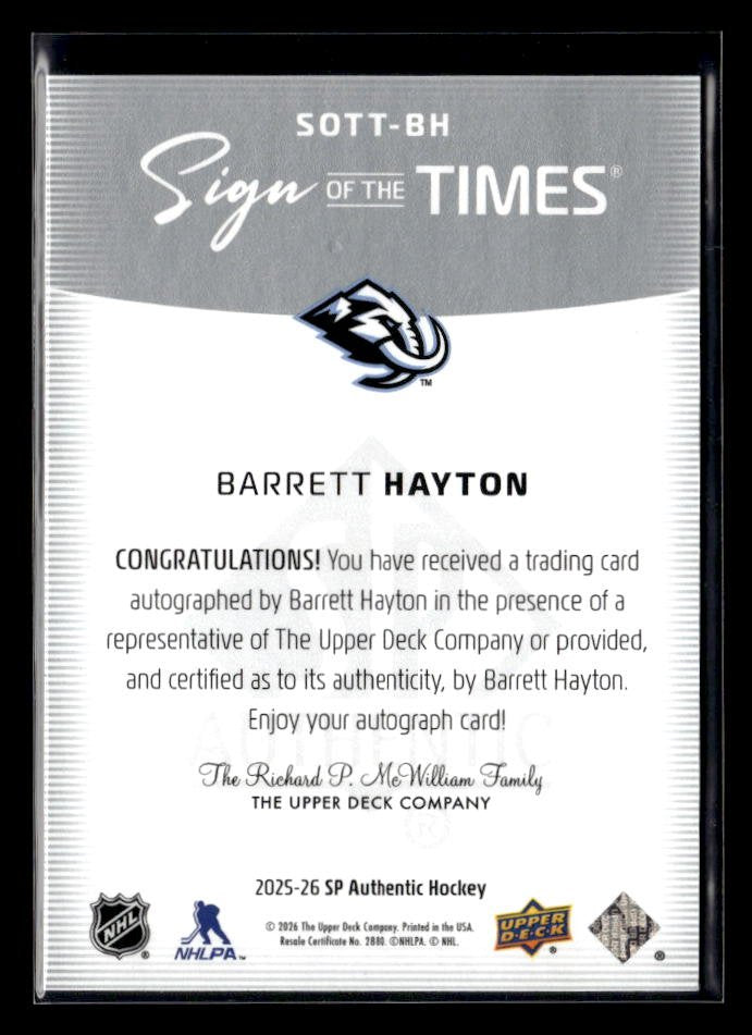 2025-26 Upper Deck SP Authentic Hockey Sign of the Times AUTO Barrett Hayton (2)