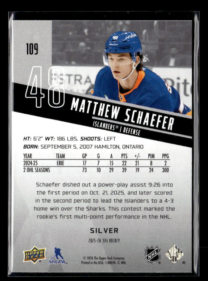 2025-26 Upper Deck SPx Hockey Rookies Silver #109 Matthew Schaefer RC (2)