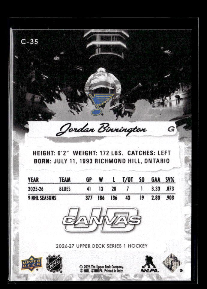 2026-27 Upper Deck Series 1 Hockey Canvas B & W Jordan Binnington (2)