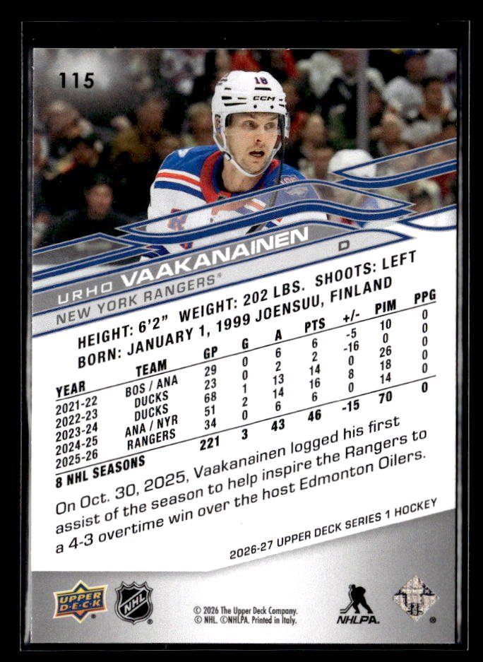 2026-27 Upper Deck Series 1 Hockey Exclusives #115 Urho Vaakanainen /100 (2)