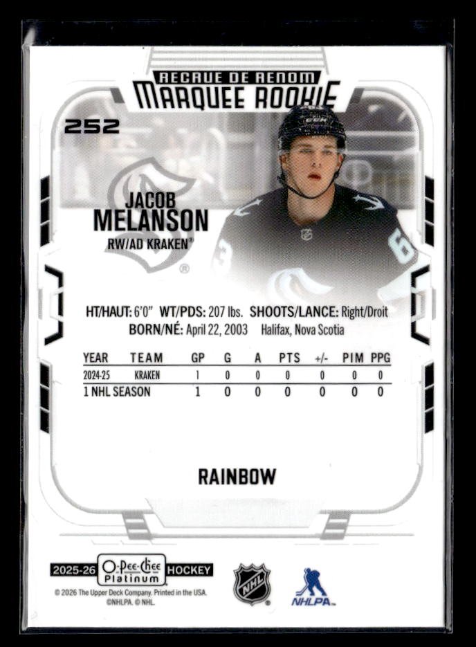 2025-26 O-Pee-Chee Platinum Hockey Marquee Rookie Rainbow #252 Jacob Melanson (2)