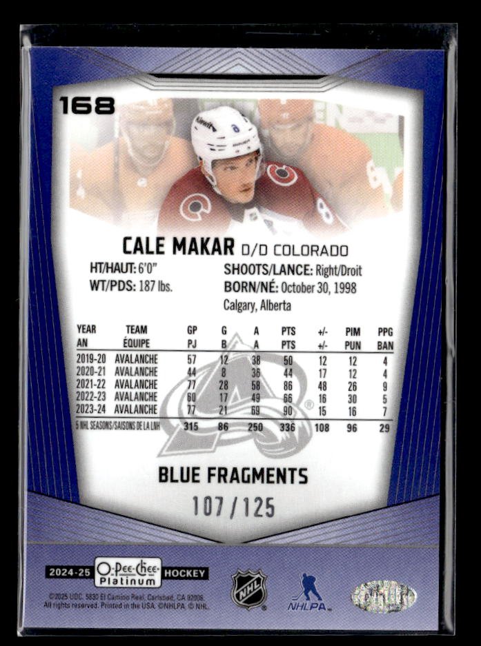 2024-25 O-Pee-Chee Platinum Hockey Blue Fragments #168 Cale Makar /125 (2)