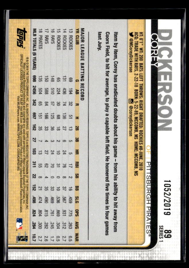 2019 Topps Series 1 Baseball Gold #89 Corey Dickerson /2019 (2)