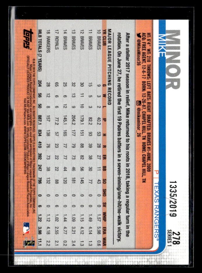 2019 Topps Series 1 Baseball Gold #218 Mike Minor /2019 (2)
