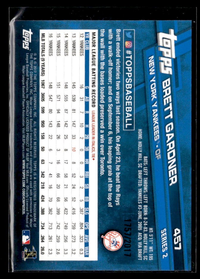 2017 Topps Series 2 Baseball Gold #451 Brett Gardner /2017 (2)