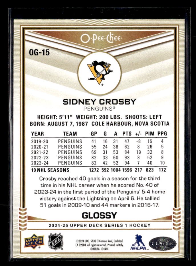 2024-25 Upper Deck Series 1 O-Pee-Chee Glossy Gold #OG-15 Sidney Crosby (2)