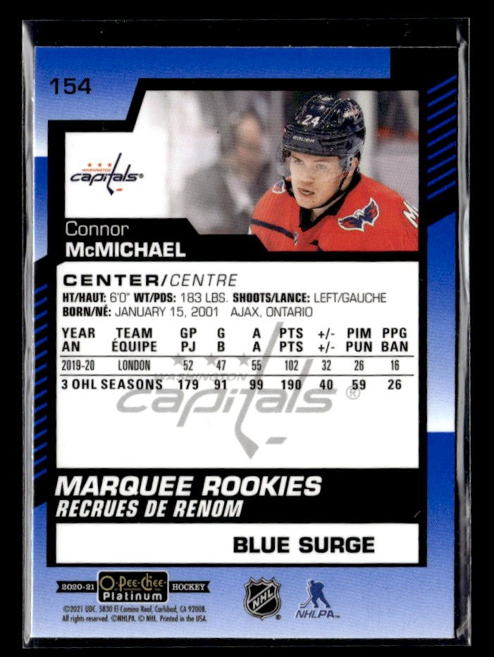 2020-21 O-Pee-Chee Platinum Hockey Marquee Rookies Blue Surge Connor McMichael (2)