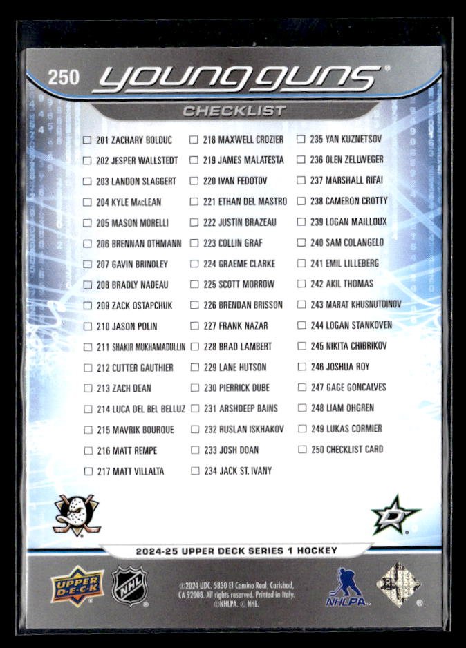 2024-25 UD Series 1 Young Guns Checklist Cutter Gauthier / Logan Stankoven (2)