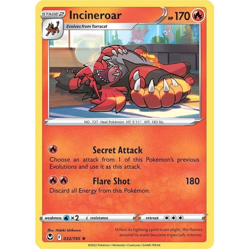 Incineroar - 032/195 Rare Pokémon card from Silver Tempest, Near Mint Normal
