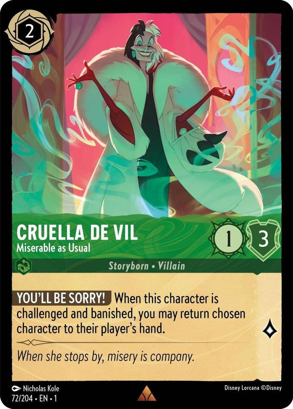 Cruella De Vil - Miserable as Usual - 72/204 Rare Disney Lorcana card from The First Chapter, Near Mint Cold Foil