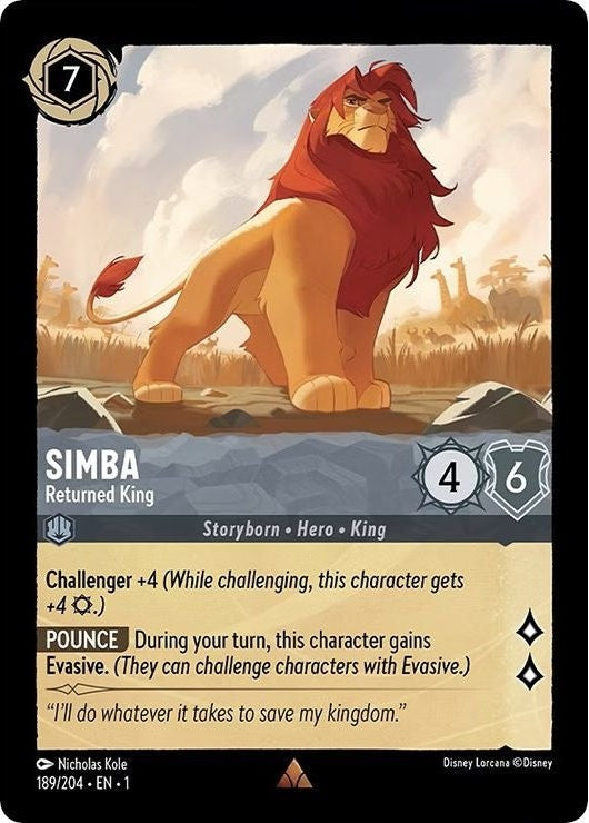 Simba - Returned King - 189/204 Rare Disney Lorcana card from The First Chapter, Near Mint Cold Foil