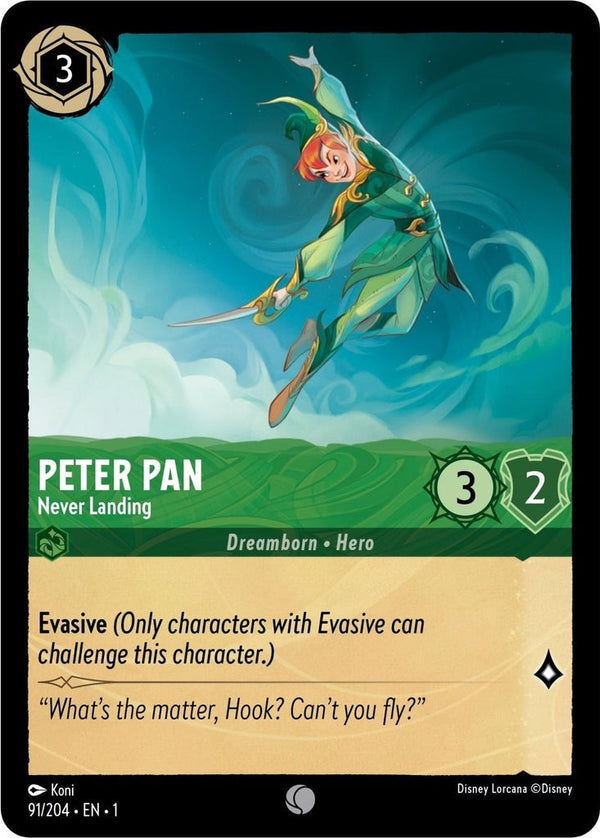 Peter Pan - Never Landing - 91/204 Common Disney Lorcana card from The First Chapter, Near Mint Cold Foil