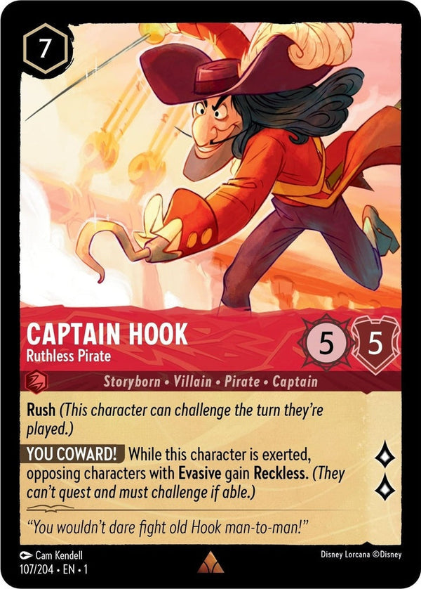 Captain Hook - Ruthless Pirate - 107/204 Rare Disney Lorcana card from The First Chapter, Near Mint Normal