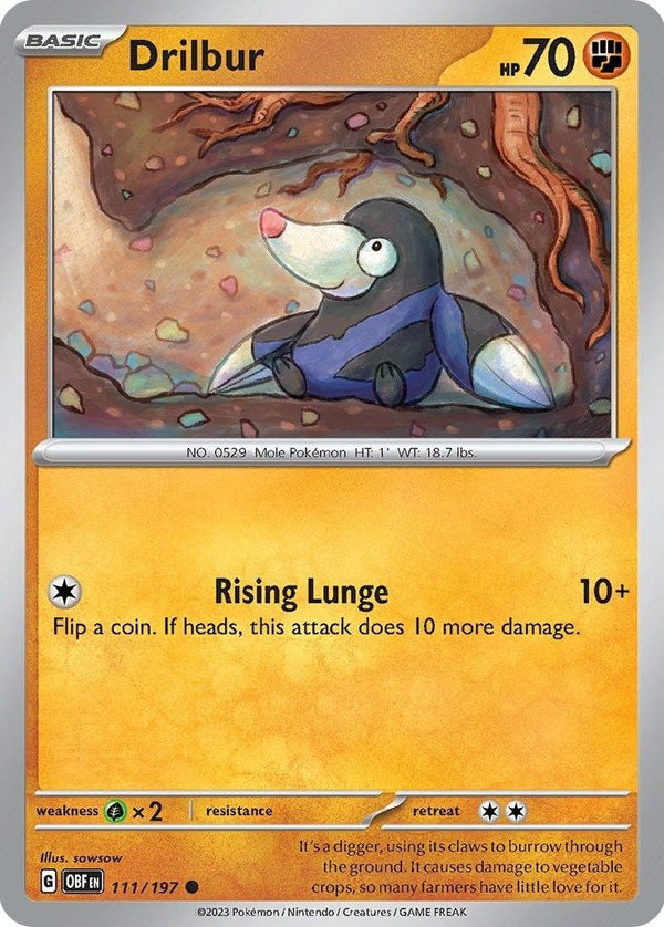 Drilbur - 111/197 Common Pokémon card from Obsidian Flames, Near Mint Normal