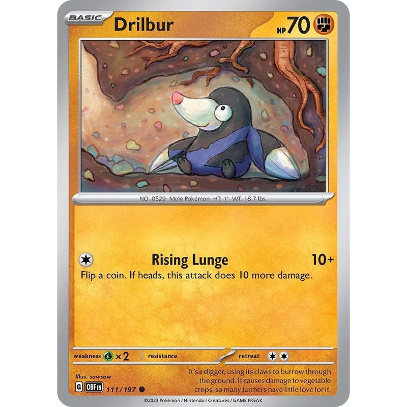 Drilbur - 111/197 Common Pokémon card from Obsidian Flames, Near Mint Normal