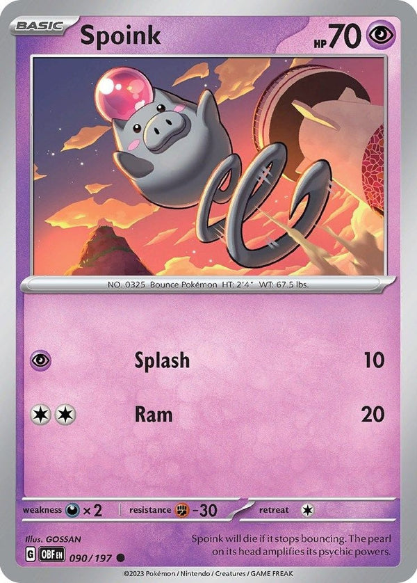 Spoink - 090/197 Common Pokémon card from Obsidian Flames, Near Mint Reverse Holofoil