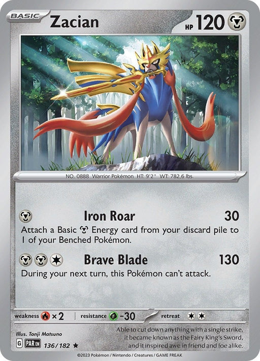 Zacian - 136/182 Rare Pokémon card from Paradox Rift, Near Mint Holofoil