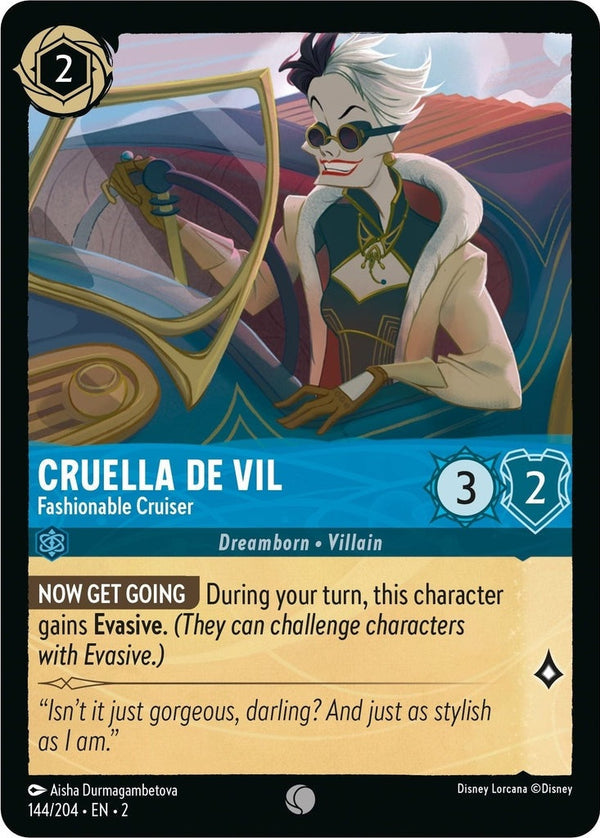 Cruella De Vil - Fashionable Cruiser - 144/204 Common Disney Lorcana card from Rise of the Floodborn, Near Mint Normal