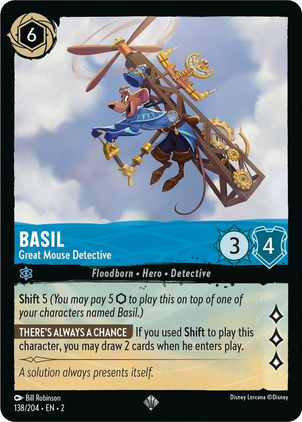 Basil - Great Mouse Detective - 138/204 Super Rare Disney Lorcana card from Rise of the Floodborn, Near Mint Normal