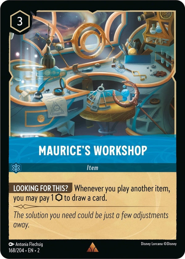 Maurice's Workshop - 168/204 Rare Disney Lorcana card from Rise of the Floodborn, Near Mint Normal
