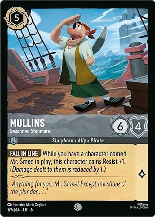 Mullins - Seasoned Shipmate - 177/204 Common Disney Lorcana card from Azurite Sea, Near Mint Normal