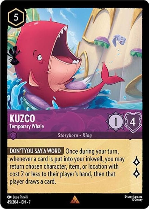 Kuzco - Temporary Whale - 45/204 Rare Disney Lorcana card from Archazia's Island, Near Mint Normal