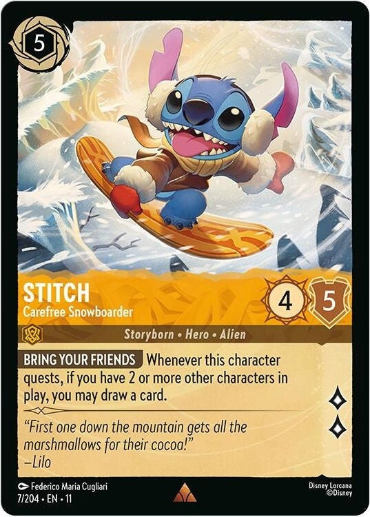 Stitch - Carefree Snowboarder - 7/204 Rare Disney Lorcana card from Winterspell, Near Mint Normal
