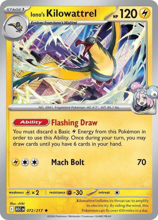 Iono's Kilowattrel - 072/217 Rare Pokémon card from Ascended Heroes, Near Mint Holofoil