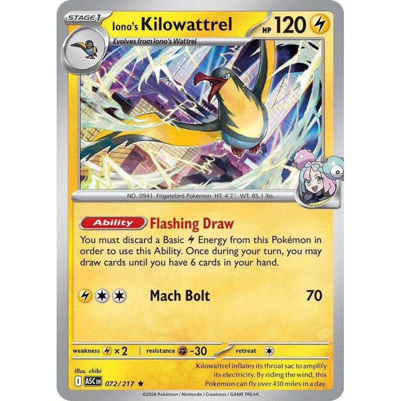 Iono's Kilowattrel - 072/217 Rare Pokémon card from Ascended Heroes, Near Mint Holofoil