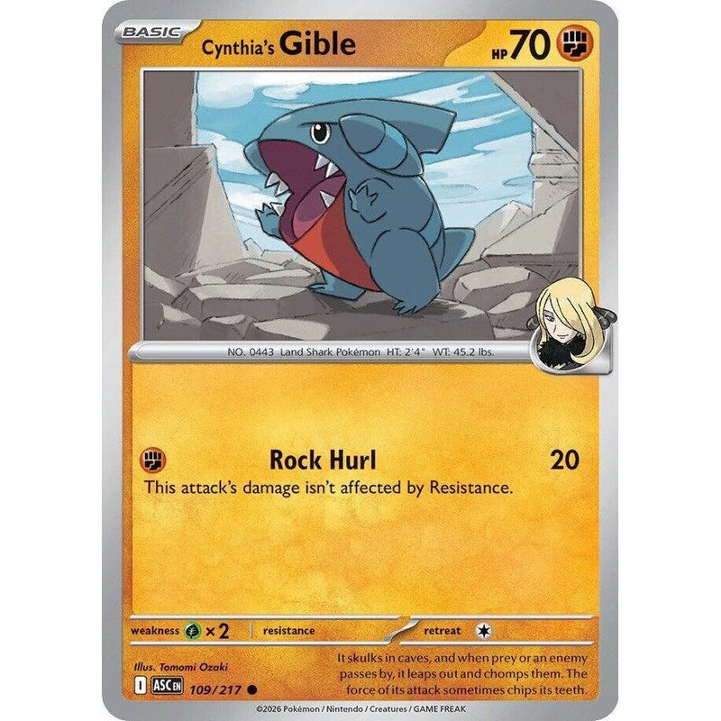Cynthia's Gible - 109/217 Common Pokémon card from Ascended Heroes, Near Mint Normal