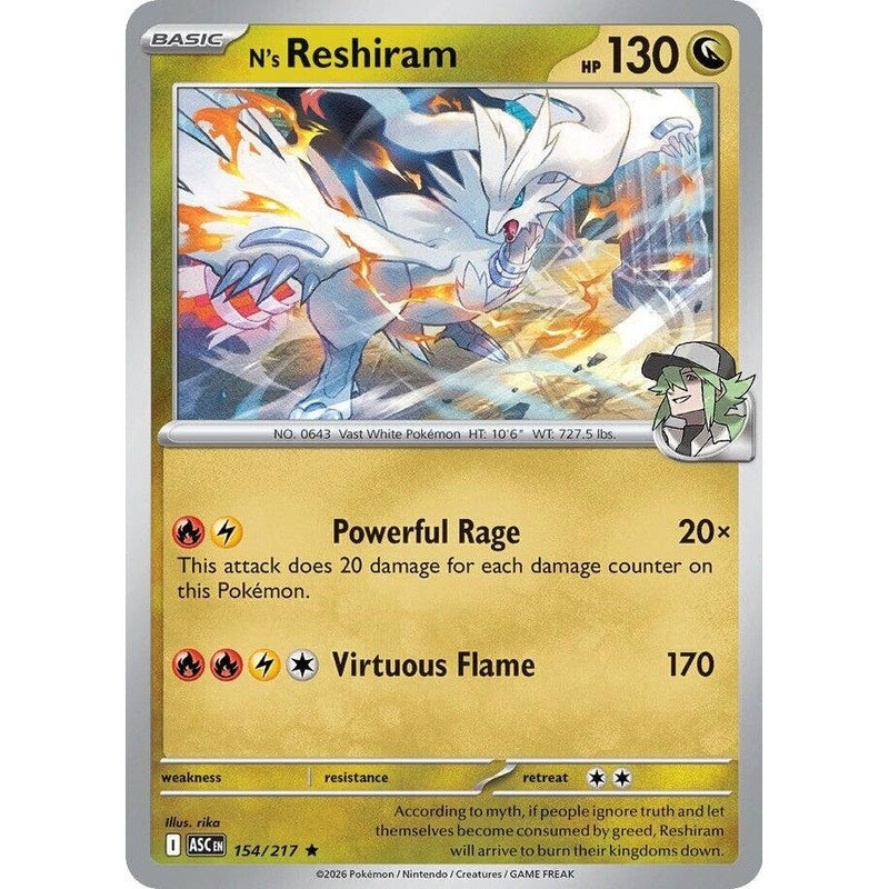 N's Reshiram - 154/217 Rare Pokémon card from Ascended Heroes, Near Mint Holofoil