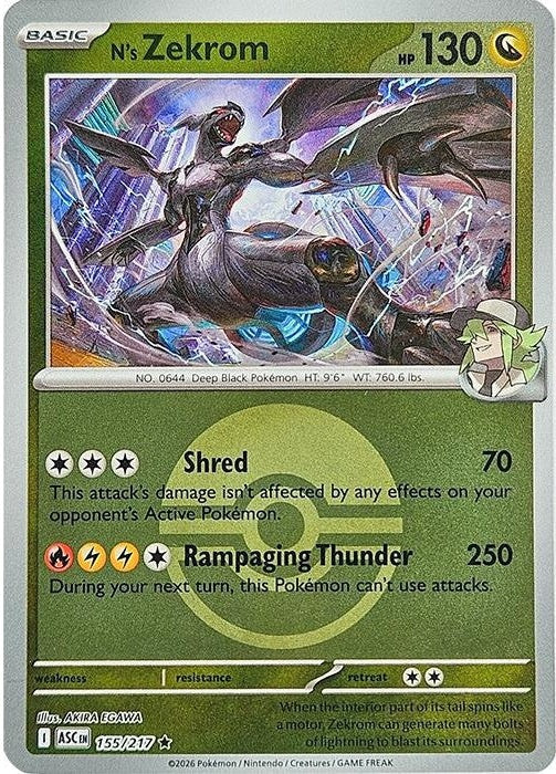 N's Zekrom (Poke Ball) - 155/217 Rare Pokémon card from Ascended Heroes, Near Mint Reverse Holofoil
