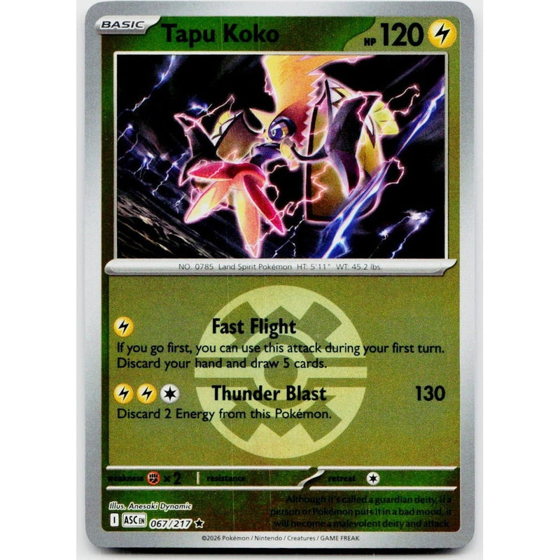 Tapu Koko (Energy Symbol Pattern) - 067/217 Rare Pokémon card from Ascended Heroes, Near Mint Reverse Holofoil