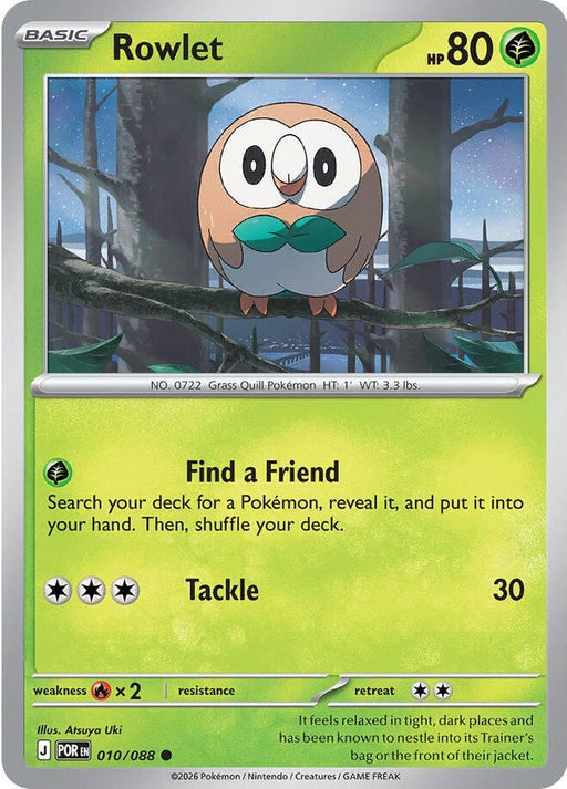 Rowlet - 010/088 Common Pokémon card from Perfect Order, Near Mint Reverse Holofoil
