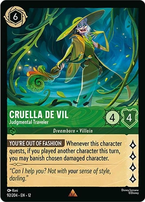 Cruella De Vil - Judgmental Traveler - 92/204 Rare Disney Lorcana card from Wilds Unknown, Near Mint Normal