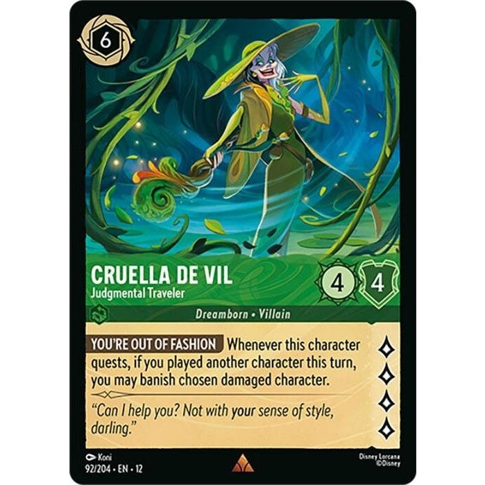 Cruella De Vil - Judgmental Traveler - 92/204 Rare Disney Lorcana card from Wilds Unknown, Near Mint Normal