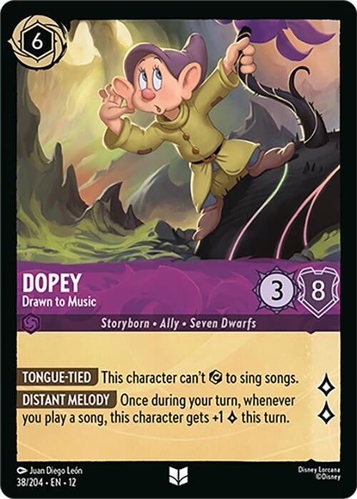 Dopey - Drawn to Music - 38/204 Uncommon Disney Lorcana card from Wilds Unknown, Near Mint Normal