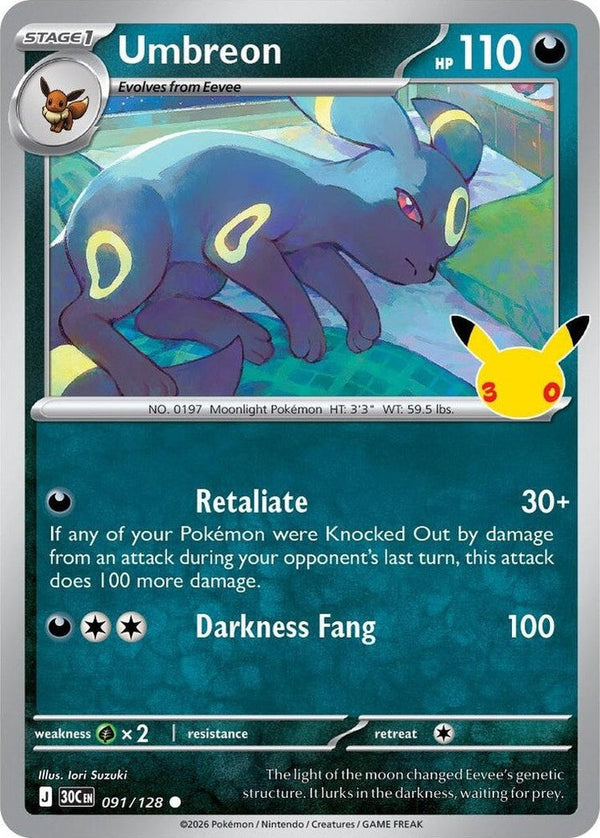 Umbreon - 091/128 Common Pokémon card from 30th Celebration, Near Mint Holofoil