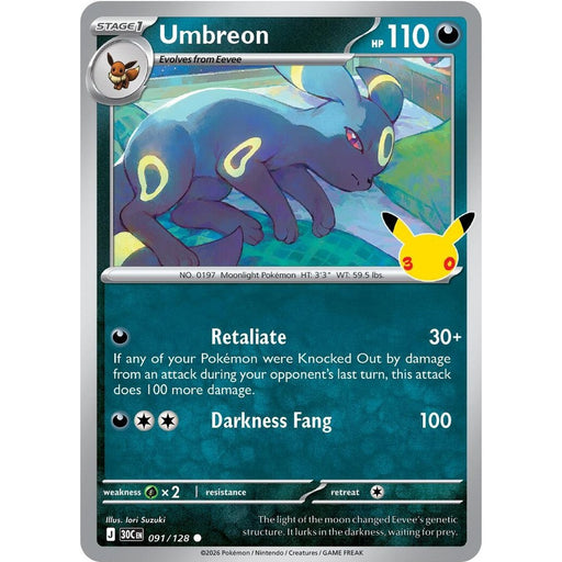 Umbreon - 091/128 Common Pokémon card from 30th Celebration, Near Mint Holofoil