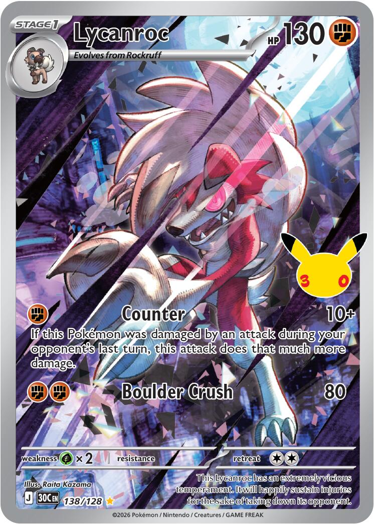 Lycanroc - 138/128 Illustration Rare Pokémon card from 30th Celebration, Near Mint Holofoil