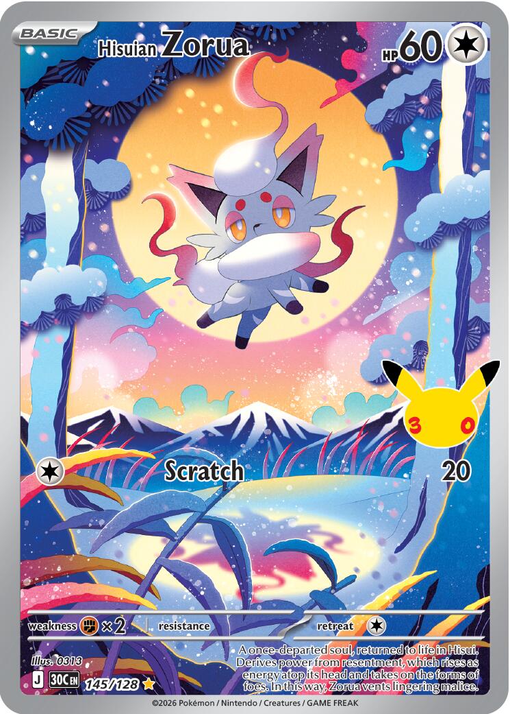 Hisuian Zorua - 145/128 Illustration Rare Pokémon card from 30th Celebration, Near Mint Holofoil