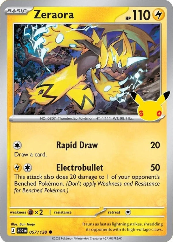 Zeraora - 057/128 Common Pokémon card from 30th Celebration, Near Mint Holofoil