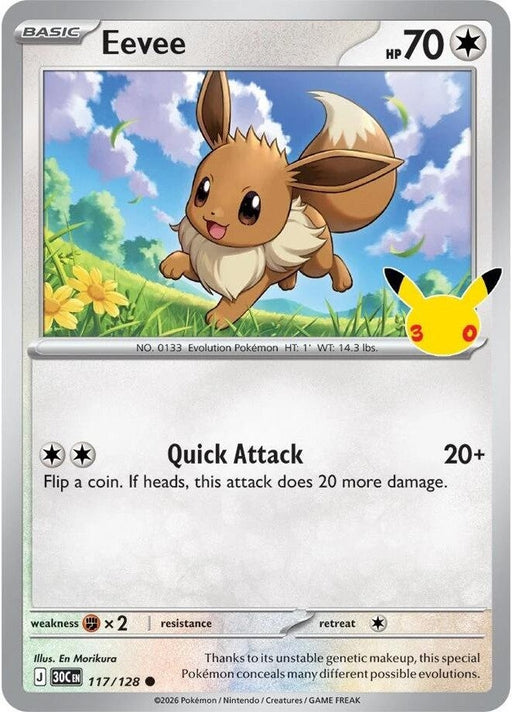 Eevee - 117/128 Common Pokémon card from 30th Celebration, Near Mint Holofoil