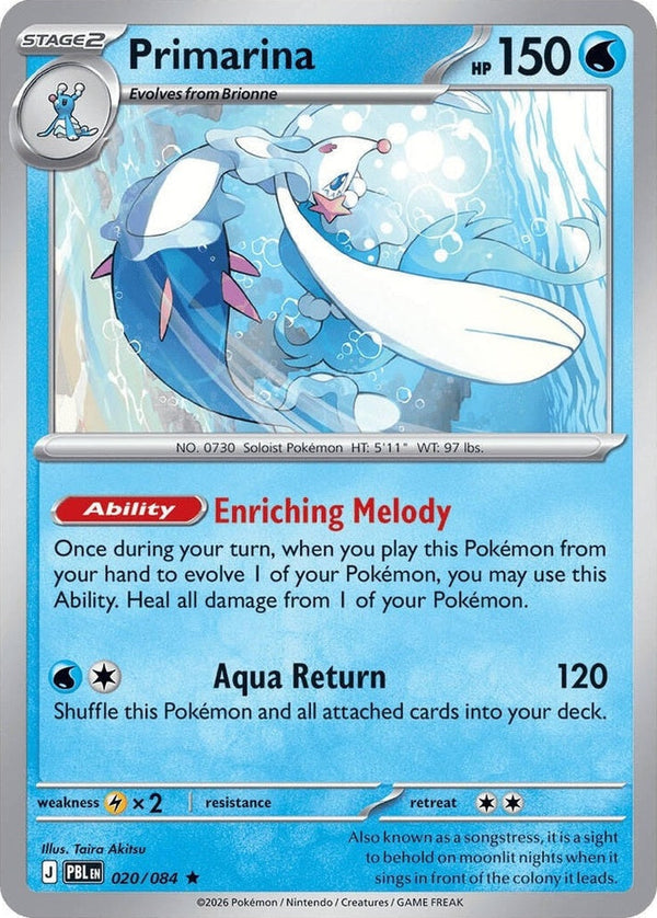Primarina - 020/084 Rare Pokémon card from Pitch Black, Near Mint Holofoil