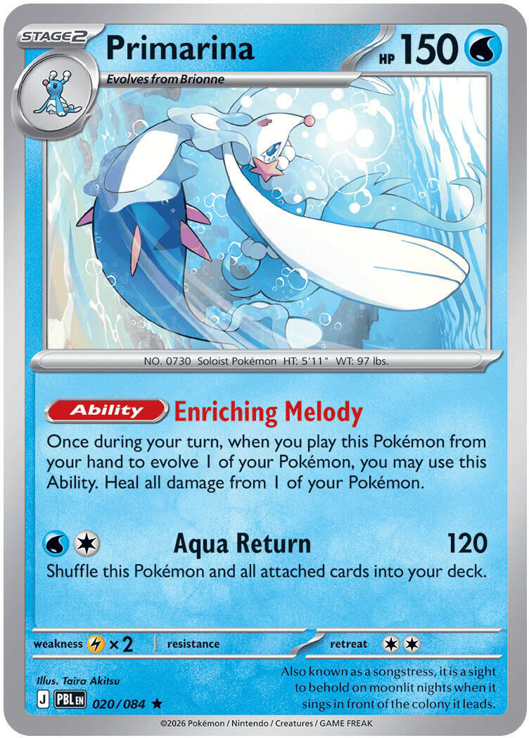 Primarina - 020/084 Rare Pokémon card from Pitch Black, Near Mint Holofoil